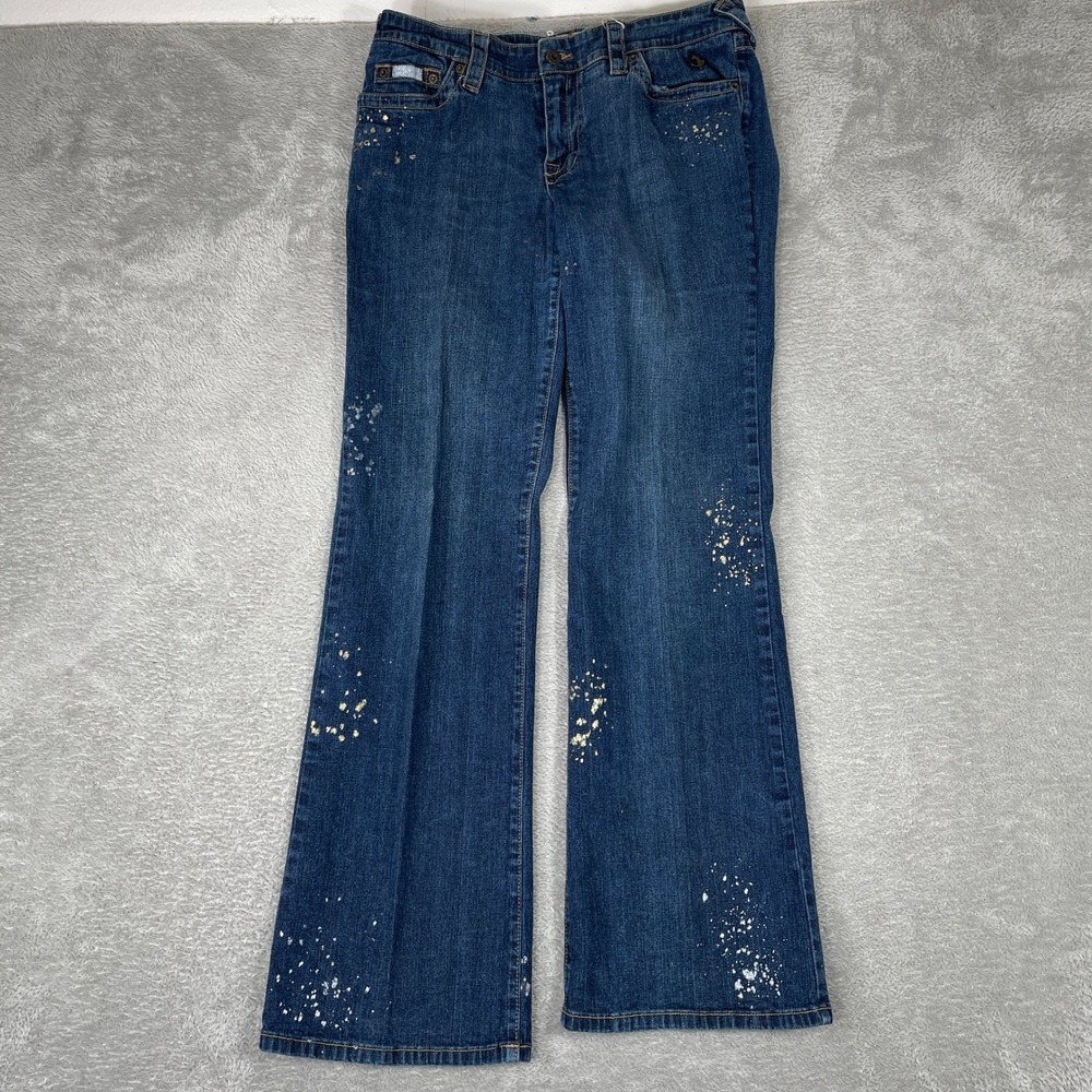 Baby Phat Jeans Womens 11 Blue Paint Splatter Flare Y2K Denim Gold Cat Logo